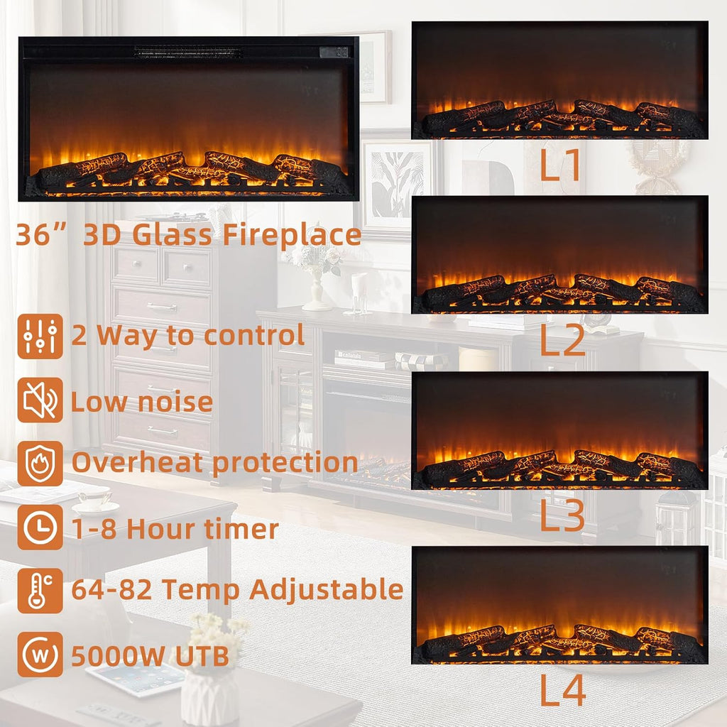 70" Fireplace TV Stand with 36”Silent Electric Fireplace, Farmhouse Entertainment Center for TVs up to 80", 2 Drawers TV Console with Glass Door Cabinet, Walnut TVs Cabinet for Living Room