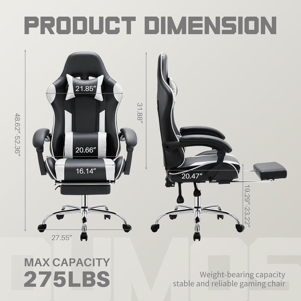 DUMOS Ergonomic Gaming Office Desk Chair with Footrest, Height Adjustable 360° Swivel Computer Video Game Chair with Headrest and Lumbar Support, Black White