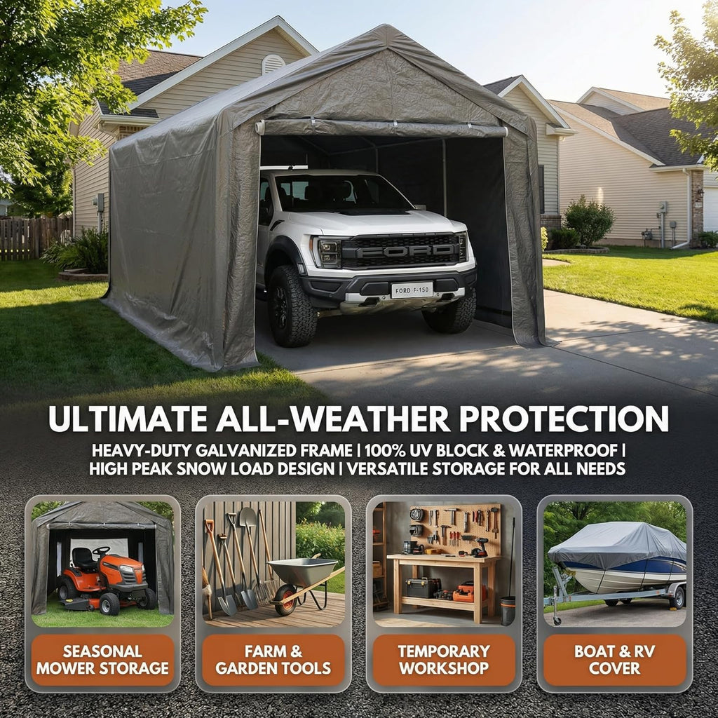 Storage Shed, 3/4 inch Thick Support Rods & Bolted Frame (Not Socket), Rolled Up Doors and Ventilation Window, Carports Car Tent 10 × 20 × 9 FT