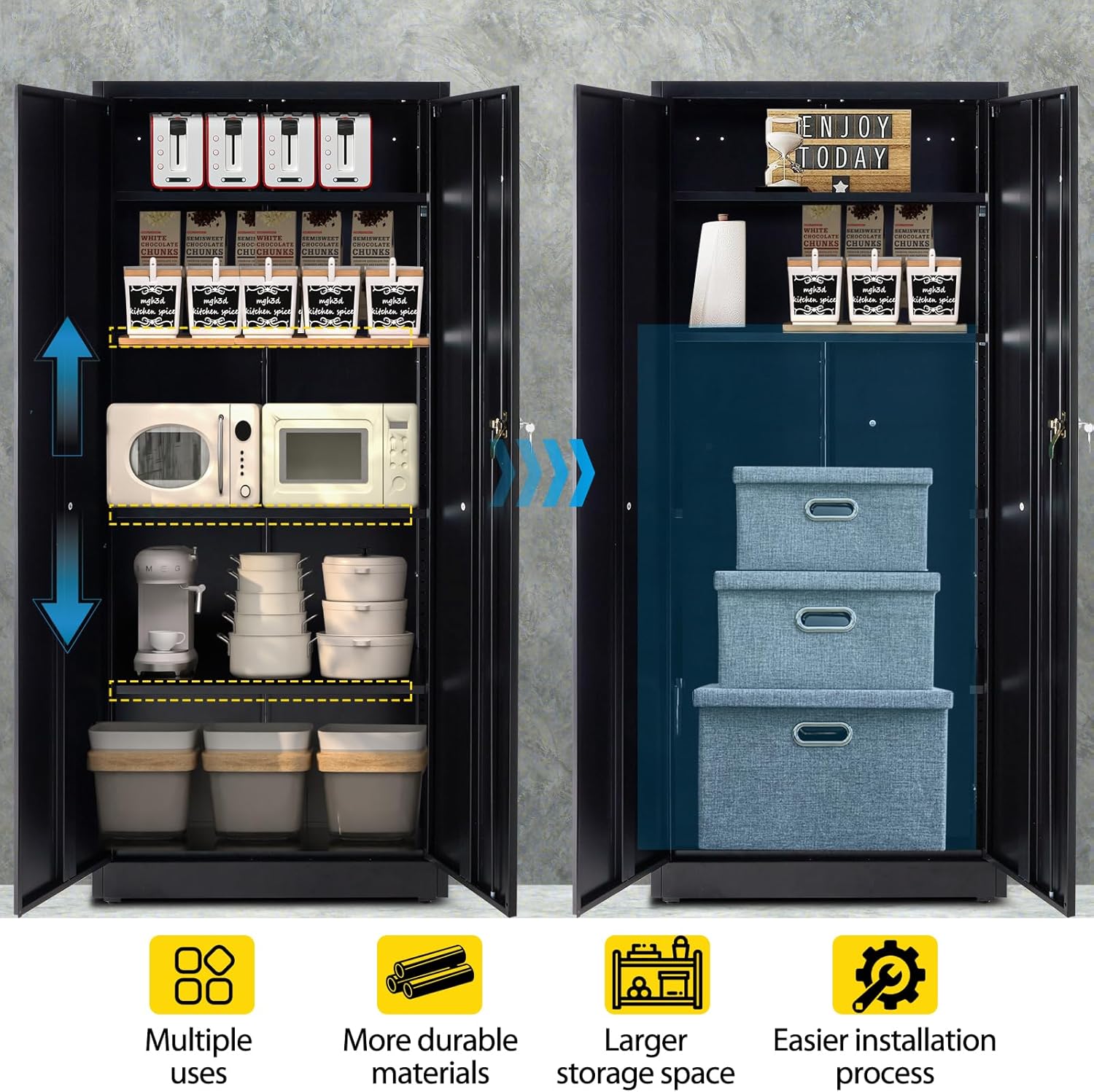 DUMOS Metal Garage Storage Cabinet with 2 Doors and Adjustable Shelves, 71" Lockable File Cabinet with Anti-tip Design, Steel Tool Cabinets for Garage, Home, Office, Gym,School, Black
