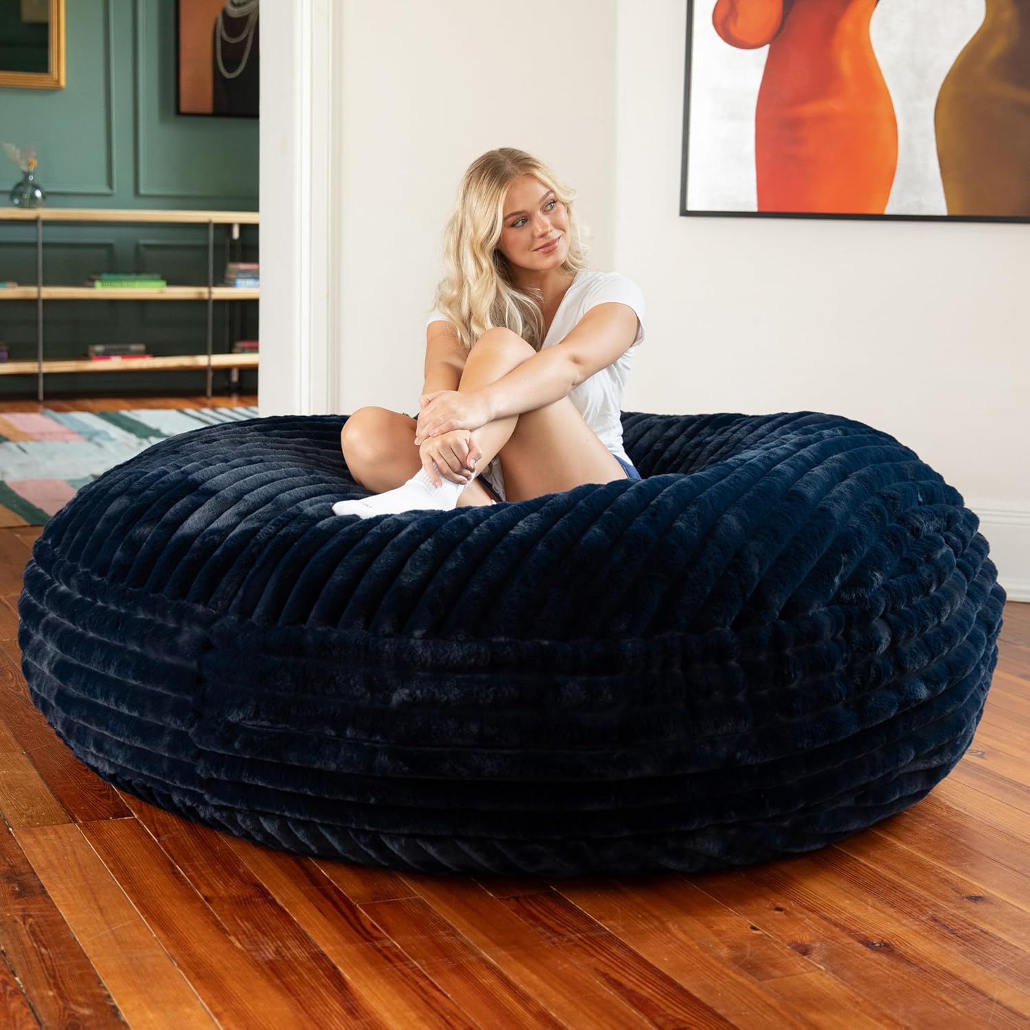 Jaxx 6 Foot Cocoon - 2-in-1 Convertible Bean Bag Bed & Large Bean Bag Chair for Adults, Premium Luxe Faux Fur - Mondo Midnight Blue