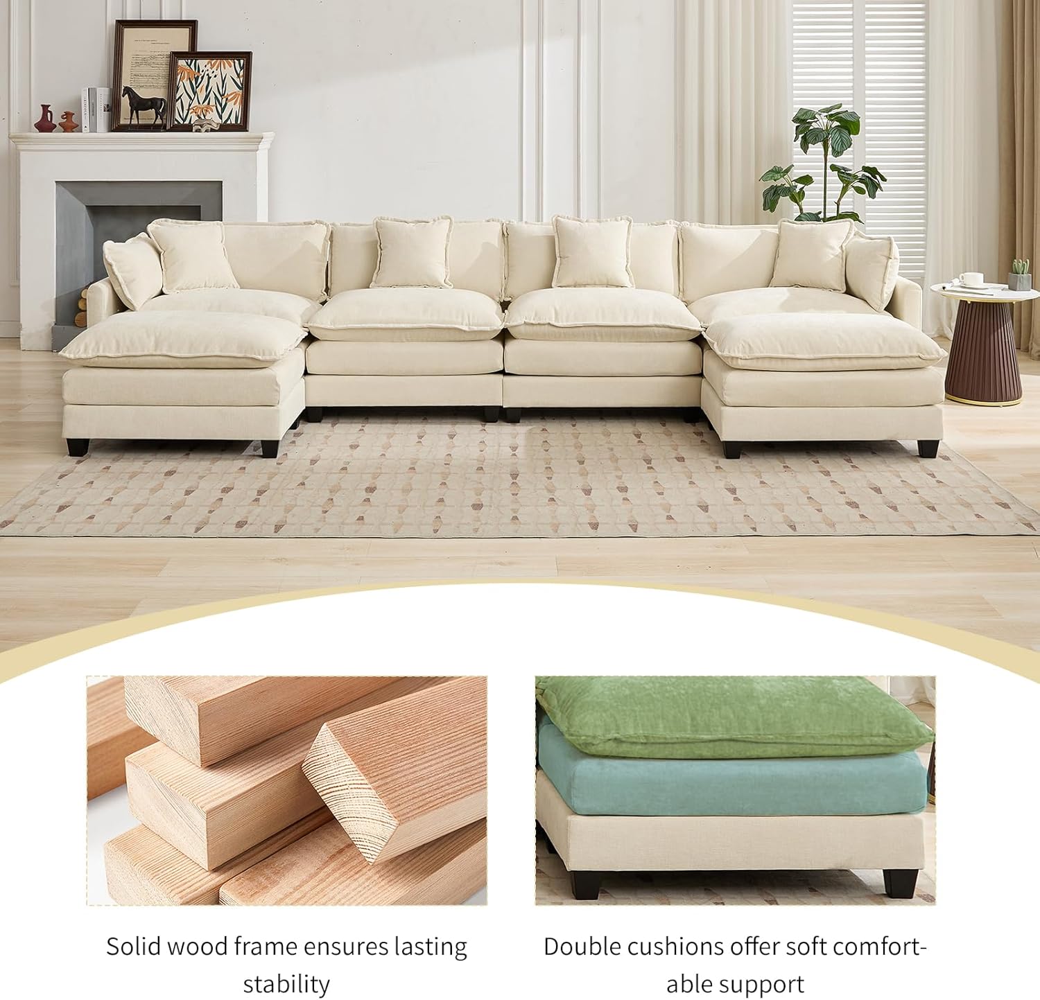 111.5" Beige Modular Sectional Sofa, 3 Seater Large Sectional Couches for Living Room, Ivory Off-White Chenille Fabric Oversized Cloud Couch with Ottoman, Modern Sofas Set, Sofas para Sala, L Shaped