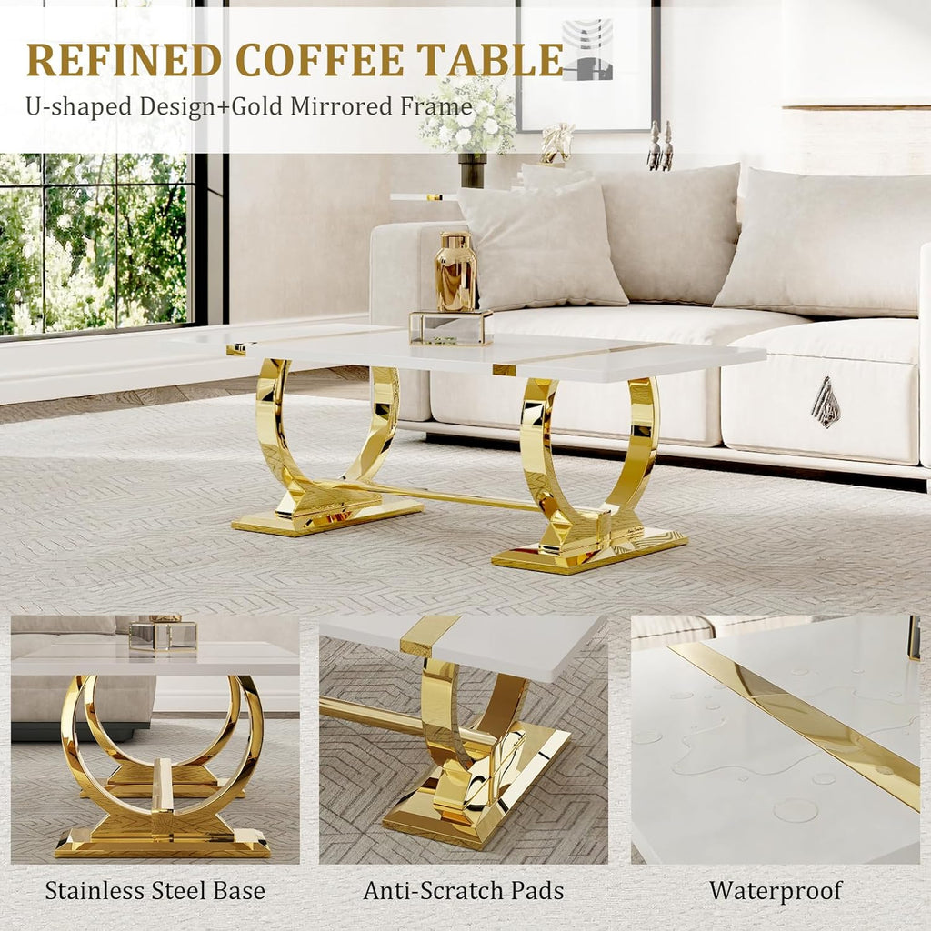 Asday 2 Pieces Modern Living Room Table Set, Wood Coffee Table and Console Table with U-Shape Golden Metal Frame, White and Gold