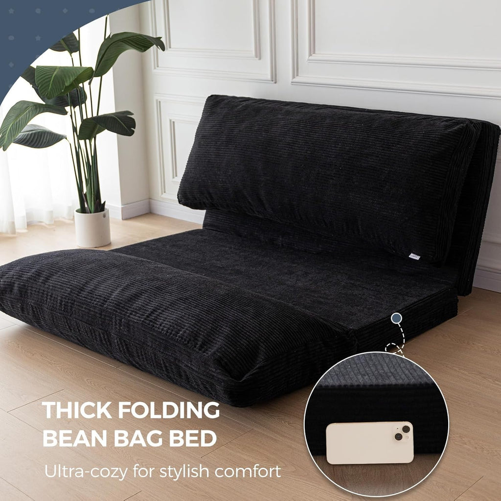 MAXYOYO Folding Sofa Bed, Extra Thick and Long Floor Sofa Convertible Sleeper Chair with Washable Cover, Floor Couch Lounge Bean Bag Bed for Living Room, Black, 30"x95"