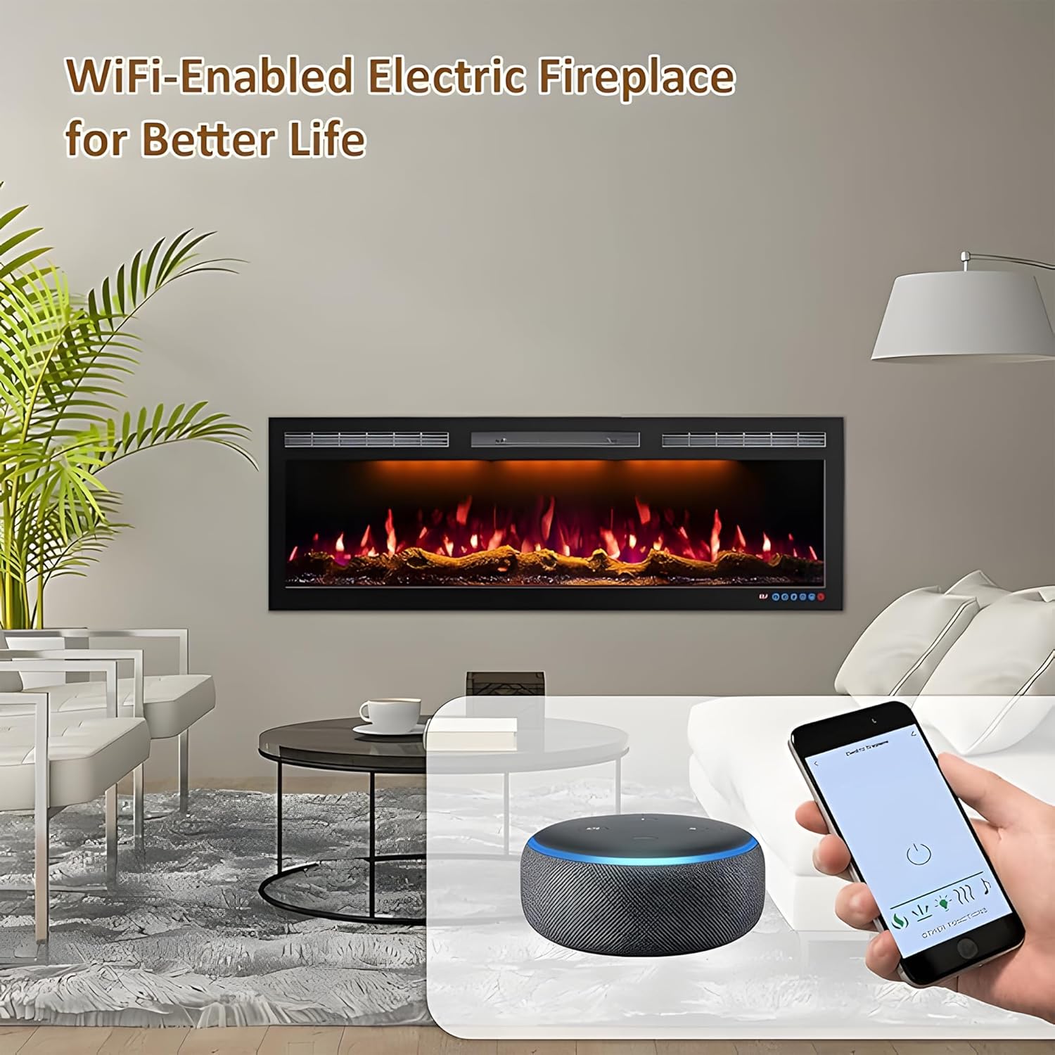60 Inch WiFi Electric Fireplace Heater, Recessed or Wall Mounted, Ultra‑Slim 5.51" Deep, 750/1500W, 12 Flame Colors & 12 Ember Bed Colors,Remote & App Control, Works with Alexa & Google Home