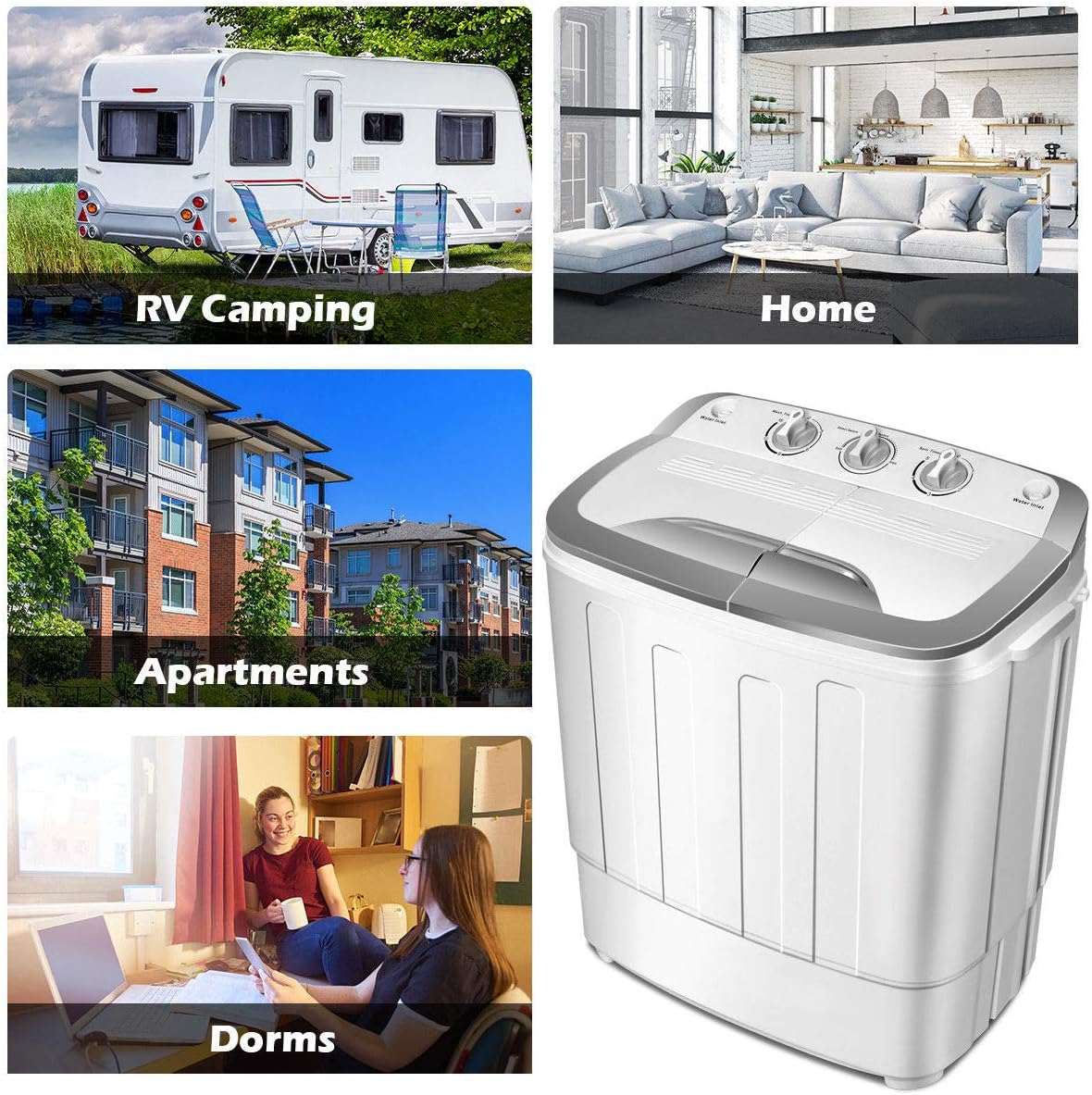 Giantex Portable Washing Machine, 13lbs Washer and Spinner Combo, Semi-Automatic Laundry Clothes Machine, Compact Twin Tub Mini Washer for Apartment Camping Dorms RV