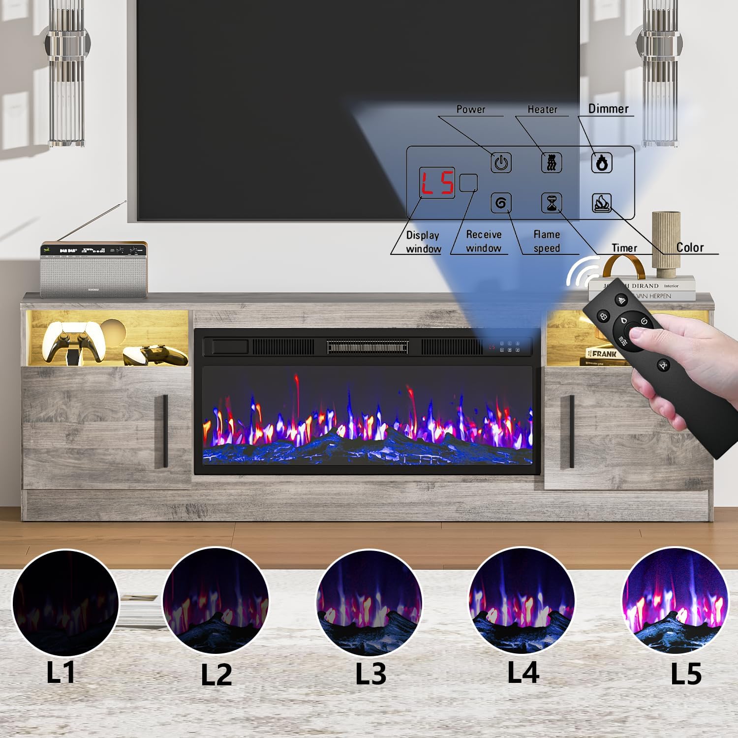 Fireplace TV Stand with 36" Fireplace Up to 80" TVs, 70" Entertainment Center with LED Lights, Remote Control, TV Media Console with Storage Cabinets for Living Room, Gray