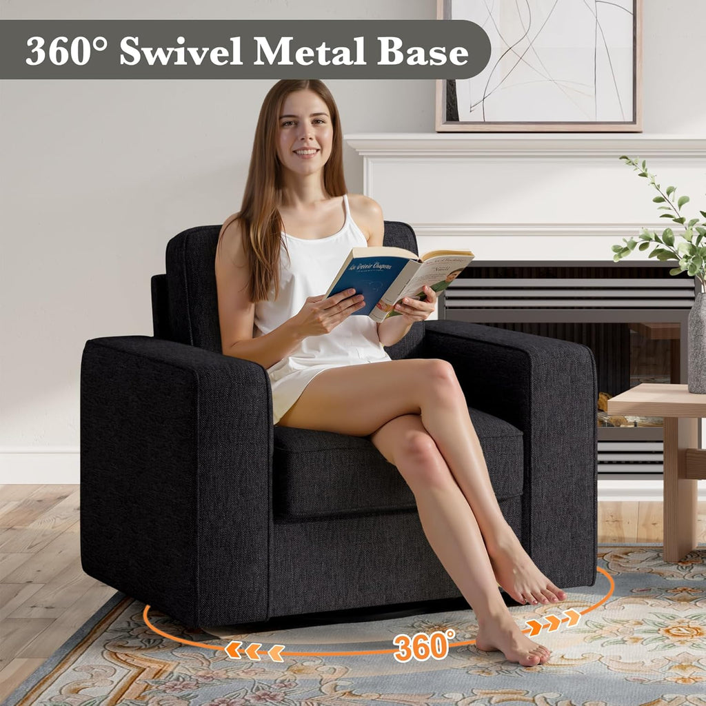 Swivel Accent Sofa Chair Set of 2, 360 Degree Rotation 36'' Width Oversized Wingback Armchair Linen Fabric Single Thick Cushion Soft Living Room, Office Black