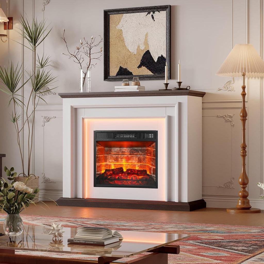 44 Inches LED Lights Electric Fireplace with Mantel, Tall Fireplace Heater Freestanding, Delicate Three-Dimensional molding with Remote Control Timer LED Flame for Living Room, Bedroom, White&Brown