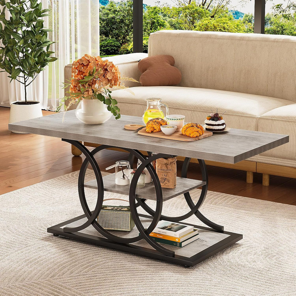 GiftGo Rustic Coffee Table with Storage Industrial 3 Tier Center Living Room Table Farmhouse Wooden Rectangle Cocktail Tea Table for Office Bedroom Elegant Full Moon Design (Vintage Gray, L-47)