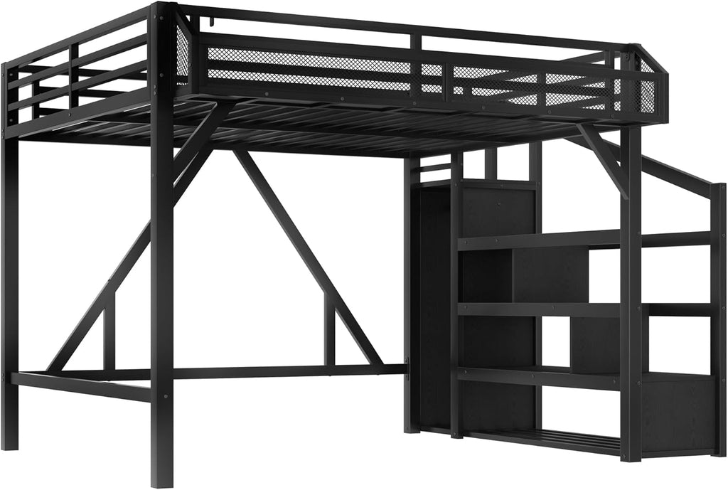 Bellemave Queen loft Bed with Storage Stairs, Wardrobe, Shelves, Metal Queen Size Loft Bed Frame for Adults, Kids, Teens, Black with Black Woodgrain
