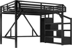Bellemave Queen loft Bed with Storage Stairs, Wardrobe, Shelves, Metal Queen Size Loft Bed Frame for Adults, Kids, Teens, Black with Black Woodgrain
