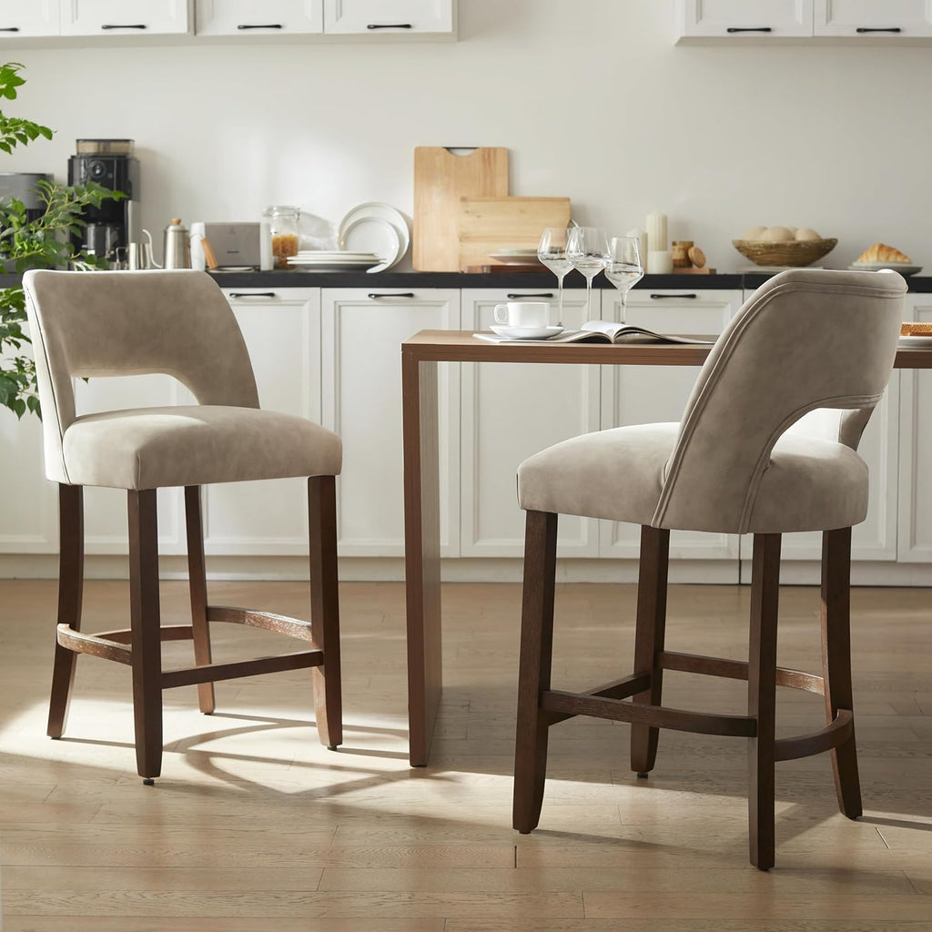VKNOW 26" Bar Stools Set of 2, Faux Leather Counter Height Bar Stools with Backrest and Rubberwood Legs, Upholstered Barstools for Kitchen Island, Bar and Dining Room, Taupe