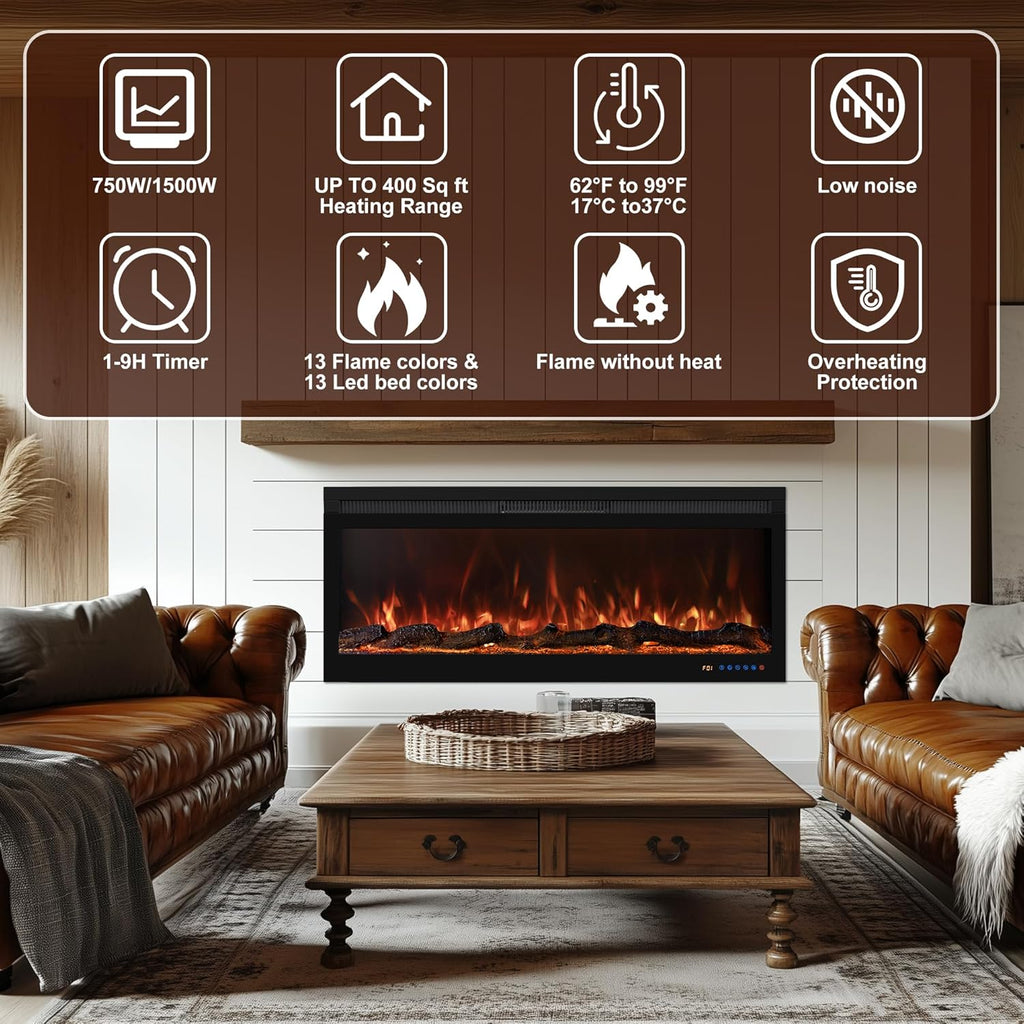 60 Inch Smart WiFi Infrared Electric Fireplace Realistic Flame, 169 Flame Color Combinations,App/Remote Control, Logs & Crystals,750W/1500W Heater, Black