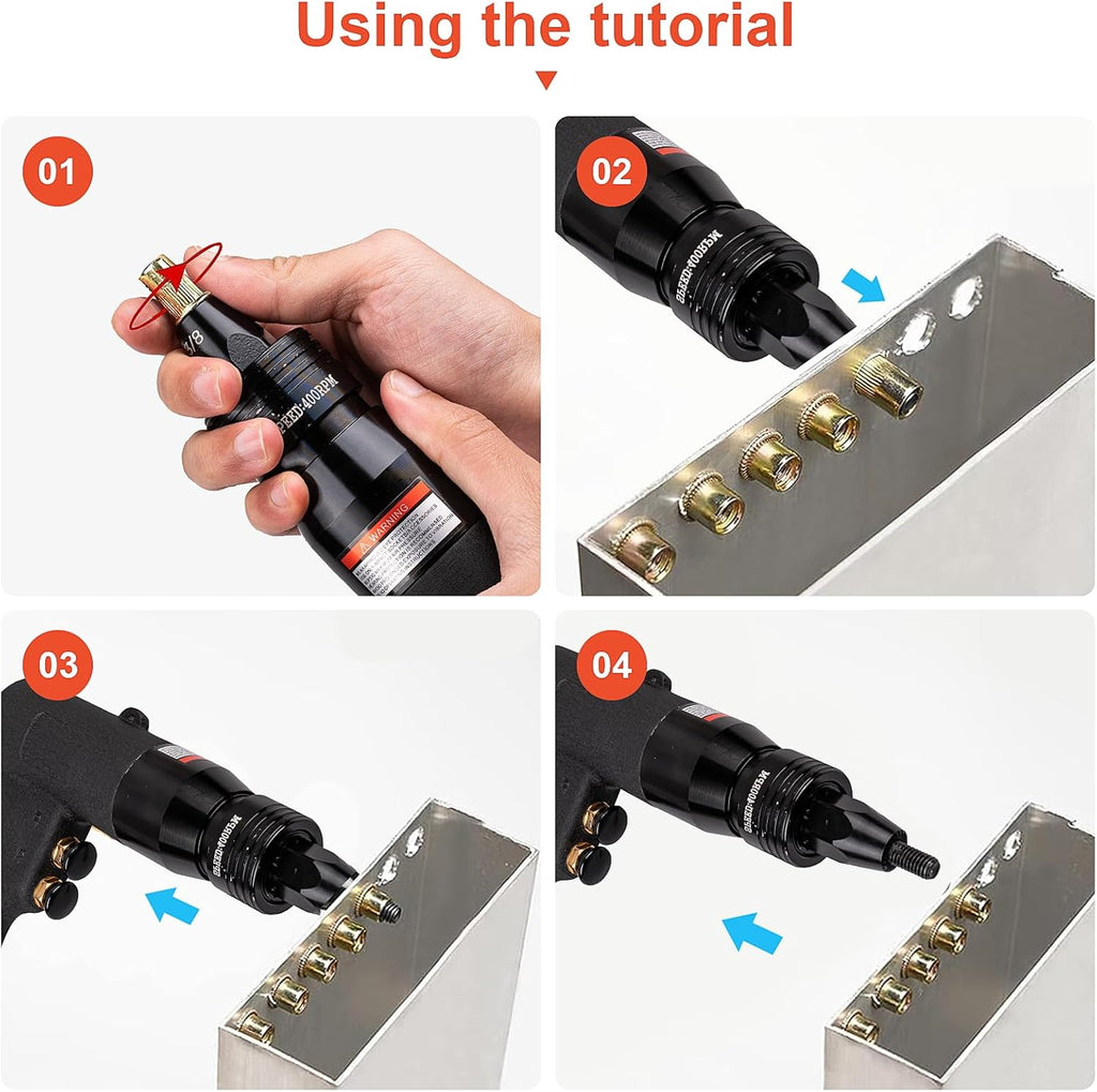 Clatoon Pneumatic Rivet Nut Gun with 10-24 & 1/4 & 5/16 & 3/8 Self-Locking Head, Adjustable Speed Air Rivet Gun, Air Rivet Nut Tool Kit with 4 Size Quick-Change, 6pcs Mandrels Included with Each Size