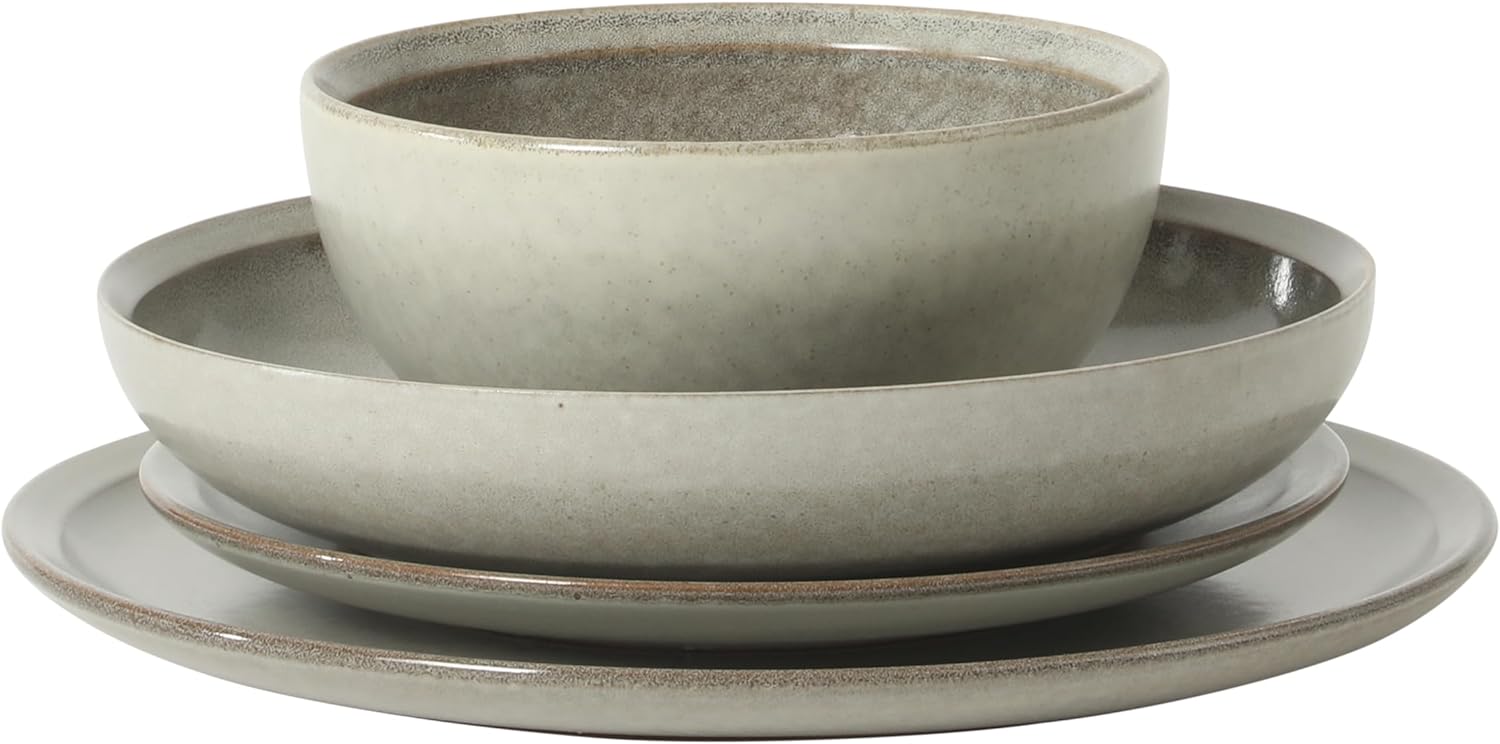 Gibson Elite Beckett Stoneware Matte Reactive Glaze 16 Piece (Service for 4) Plates and Bowls Dinnerware Set - Ash White