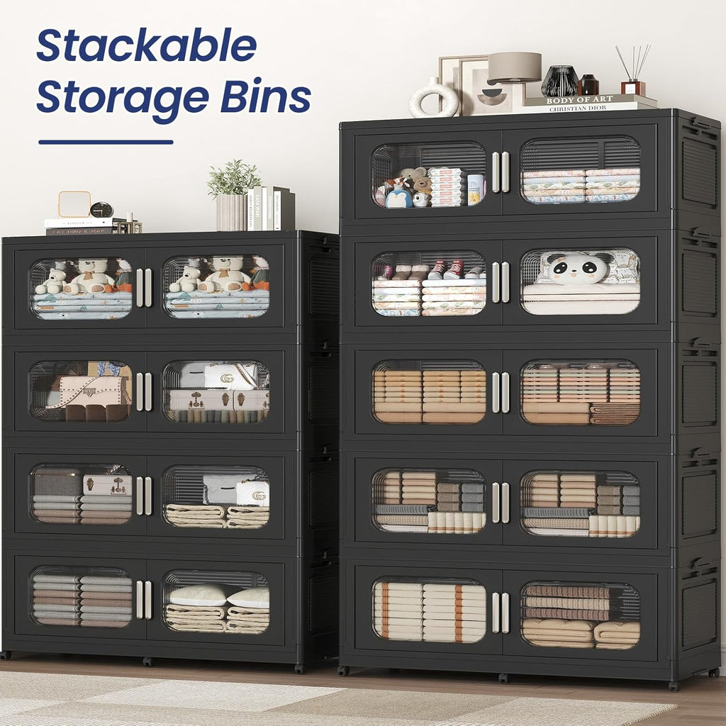 200Gal Extra Large Stackable Storage Bins with Lid & Wheels & Doors, 200QT/50GAL 4-Tiers Collapsible Closet Organizers Plastic Containers Drawers Boxes for Home Kitchen Bedroom, Black