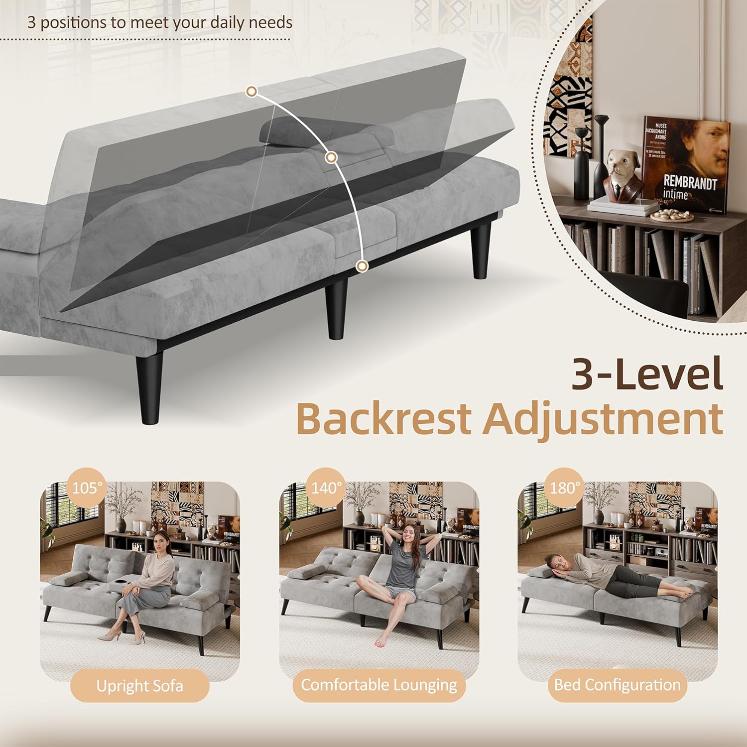 Shintenchi Futon Sofa Bed, Velvet Foldable Couch, Reclining Sleeper with Removable Armrests, Upholstered Loveseat Sofa Couch with Folding Cup Holders for Home, Office, Light Gray