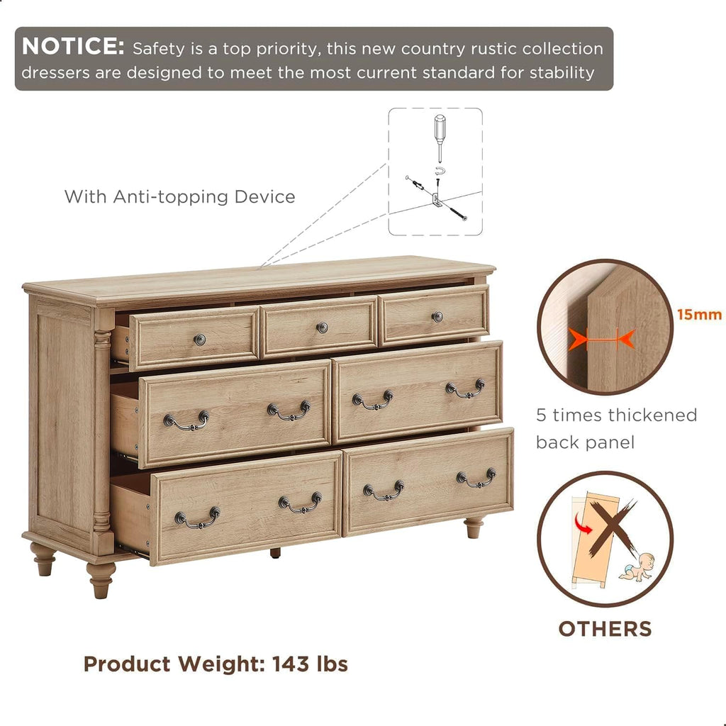 T4TREAM Farmhouse 7 Drawers Dresser Chests for Bedroom with 4 Solid Wood Feet, Tall Wide Wood Country Rustic Chest of Drawers, Storage Dressers for Bedroom, Living Room,Natural Oak