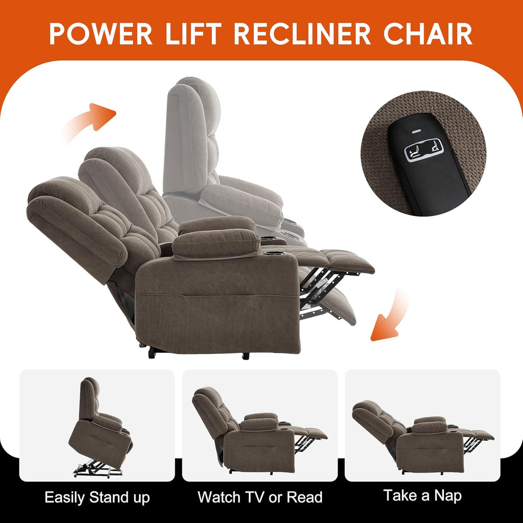 Electric Power Lift Recliner Chair Sofa with Massage and Heat for Elderly, USB and Type-C Ports, Cup Holders, Infinite Position (Brown, Regular)