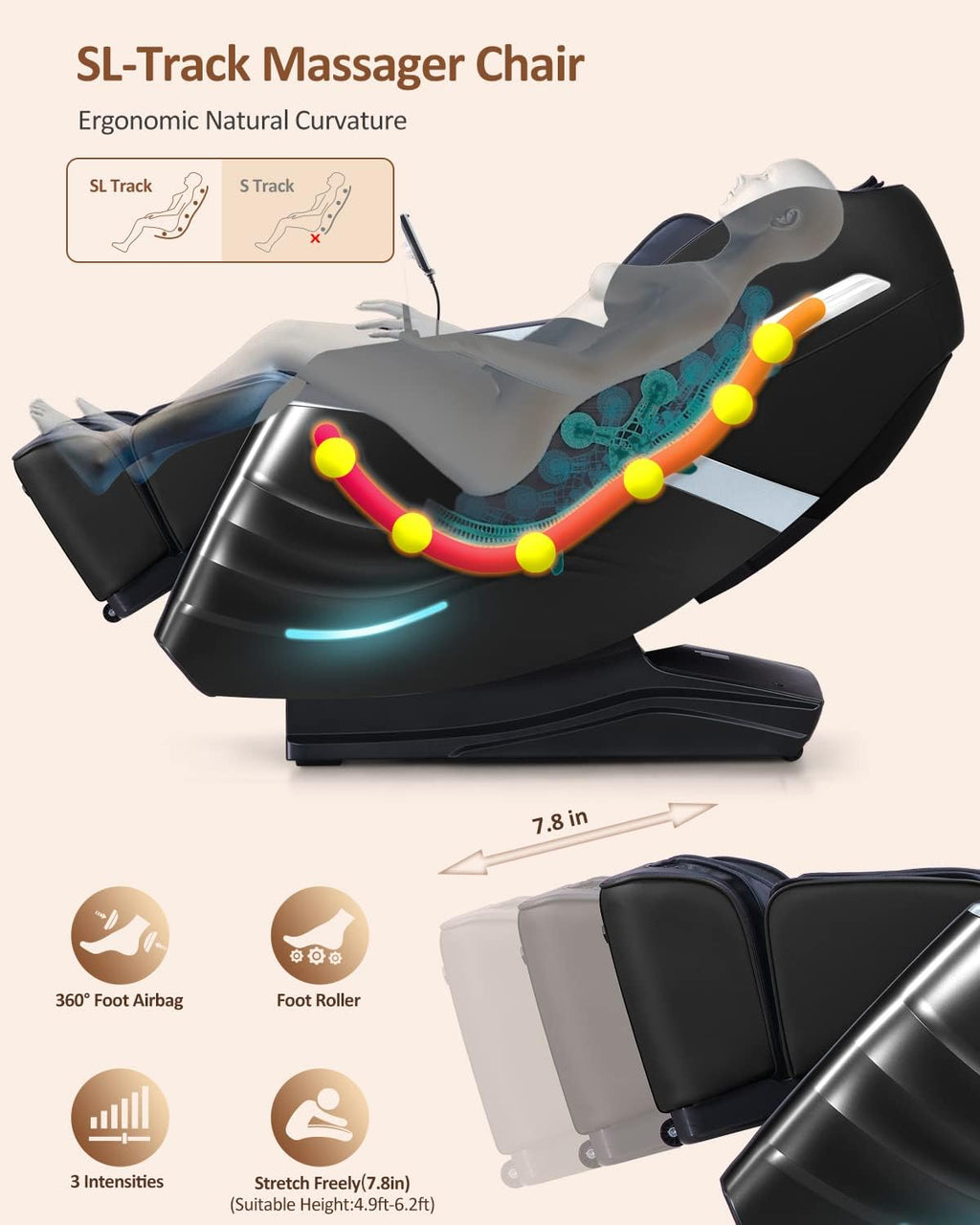 RELX Massage Chair Full Body, 15 Modes Zero Gravity SL-Track Shiatsu Massage Chair Built-in Heat System, Airbag Massage with Body Scan, Deep Yoga Stretch, Calfrest Extension and AI Control(Black)