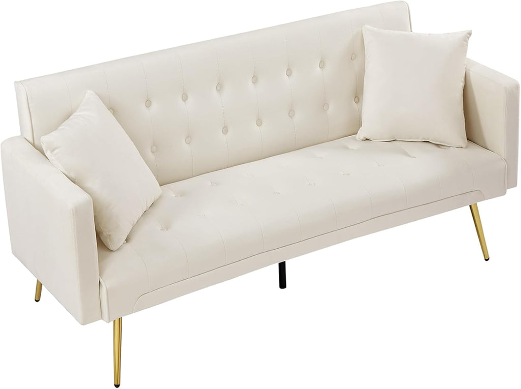 72"Modern Velvet Sofa Bed Futon,Convertible Folding Sleeper Bed Couches with 3 Adjustable Backrests,Tufted Recliner Loveseat with Golden Chrome Legs for Small Living Room Office (Beige+buttons tufted)