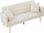 72"Modern Velvet Sofa Bed Futon,Convertible Folding Sleeper Bed Couches with 3 Adjustable Backrests,Tufted Recliner Loveseat with Golden Chrome Legs for Small Living Room Office (Beige+buttons tufted)