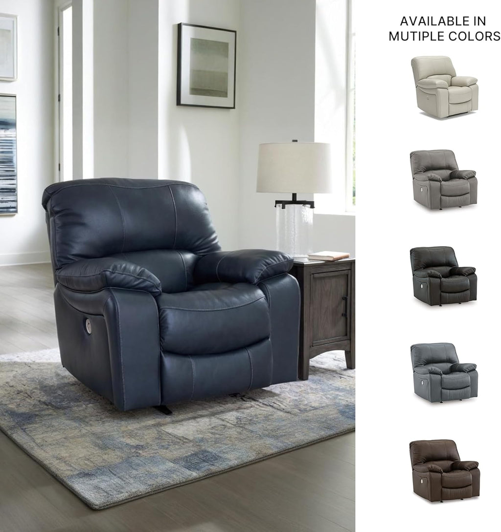 Signature Design By Ashley Leesworth Modern Power Rocker Recliner, USB Port, Gentle Rocking, Top Grain Leather and Matched Leather, 41" W x 41" D x 41" H, Blue