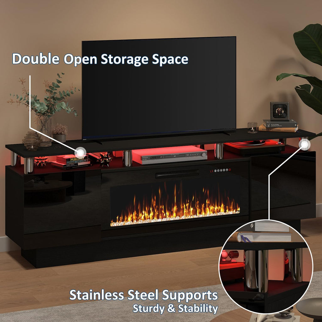 PUKAMI 70" Fireplace TV Stand, LED Light Entertainment Center with 36" Electric Fireplace, 2 Tier Modern Wood Media TV Console with Highlight Storage Cabinet for Living Room, Black
