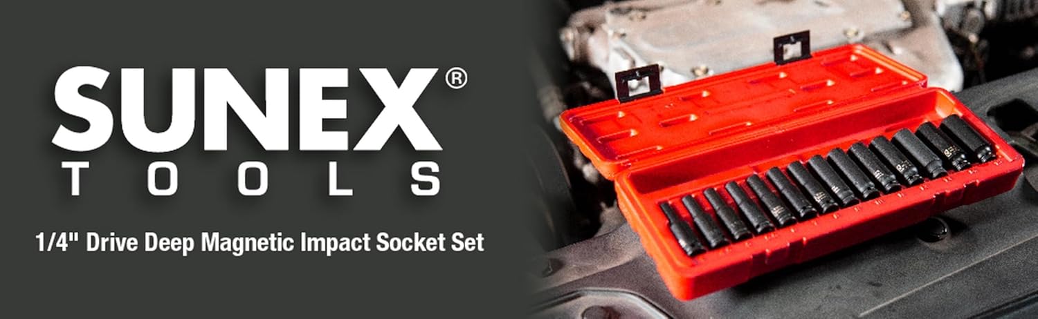 SUNEX TOOLS 1831, 1/4 Inch Drive Deep Magnetic Impact Socket Set, 14-Piece, Metric, 4mm - 15mm, Cr-Mo Alloy Steel, Heavy Duty Storage Case, Meets ANSI Standards