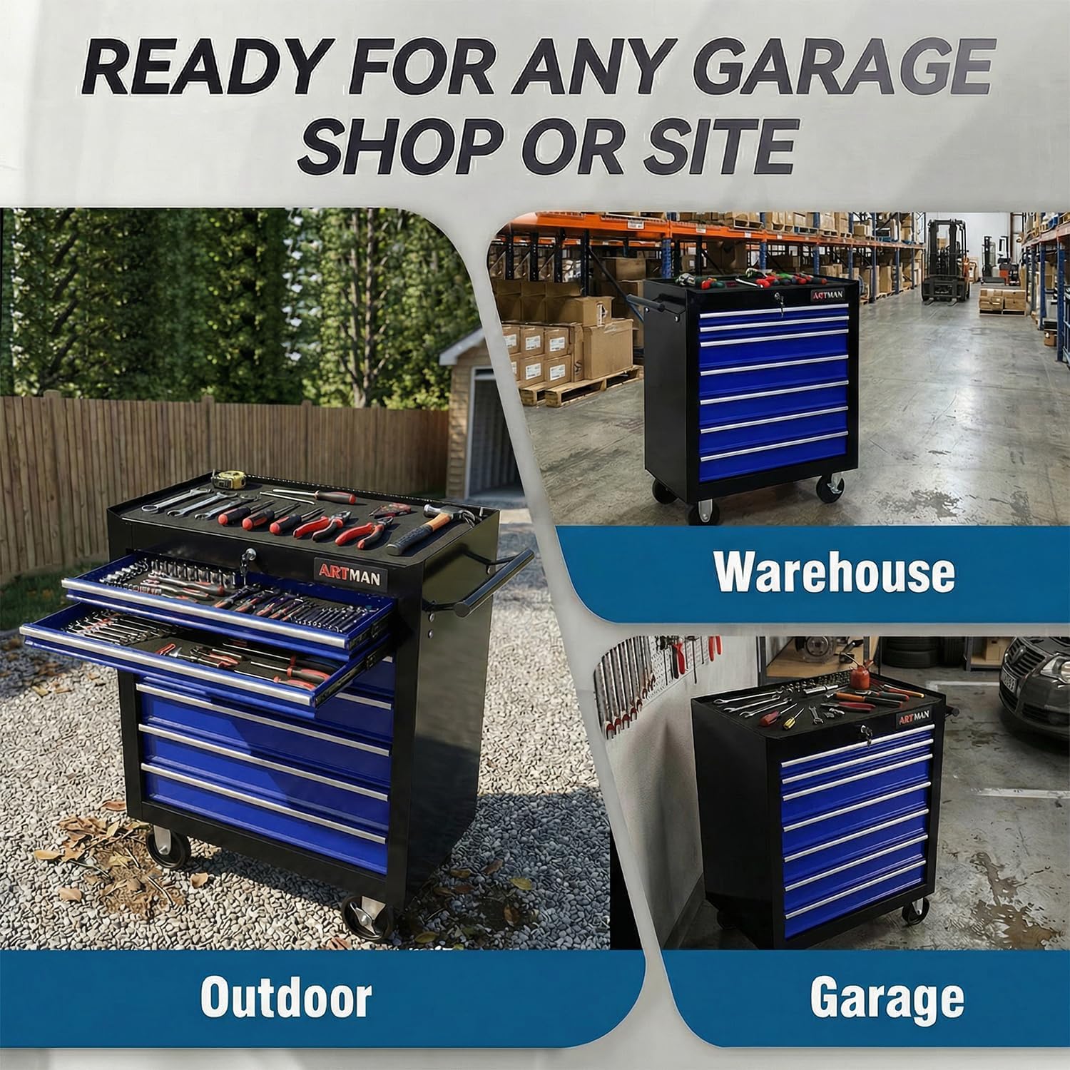 7 Drawers Tool Cart on Wheels,Multifunctional Rolling Tool Chest Tool Storage,Drawers Rolling Tool Trolley Organizer Tool Case for Garage,Warehouse,Workshop,Repair Shop (7 Drawers-Black&Blue)