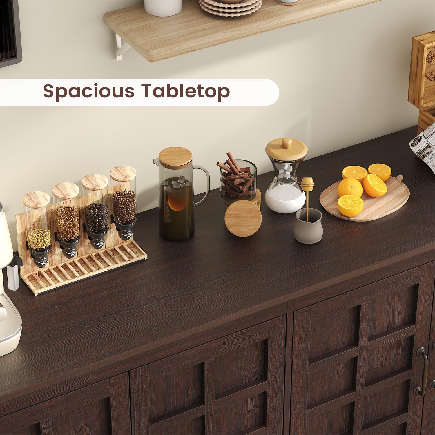 70" Sideboard Buffet Cabinet with Storage, Coffee Bar Cabinet with and 4 Doors, Long Wider Storage Cabinet Modern Farmhouse, Brown Wood, for Kitchen, Dining Room, Living Room