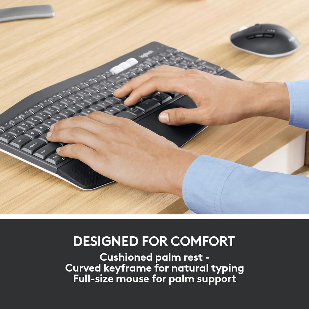 Logitech MK850 Performance Wireless Keyboard and Mouse Combo for Windows, macOS & ChromeOS, Bluetooth & 2.4 GHz USB Receiver, Full-Size Ergonomic Keyboard, Multi-Device, Cushioned Palm Rest – Graphite