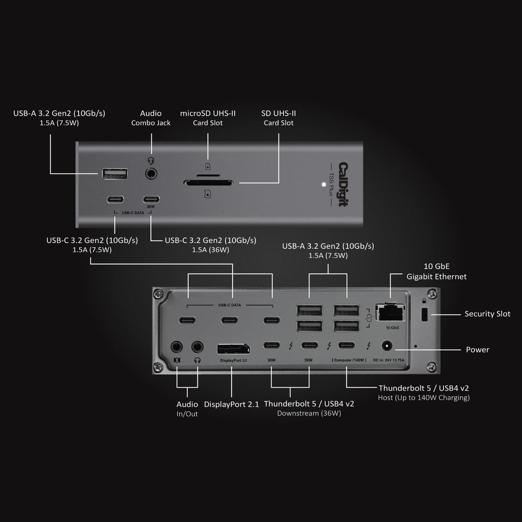 CalDigit TS5 Plus - Thunderbolt 5 Dock - 20 Port 10GbE  140W Dedicated Host Charging  Thunderbolt 5 x3  USB 10Gb/s x10  Dual USB Controllers  Up to Dual 8K 60Hz Displays  1.0m Braided Cable  330W PSU