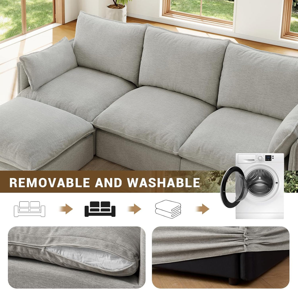 94.5" L Shape Cloud Modular Sectional,4 Seater Waterproof High Backrest Sectional Sofas,Down Filled Modular Couch with Removable Washable Cover for Living Room,Light Gray
