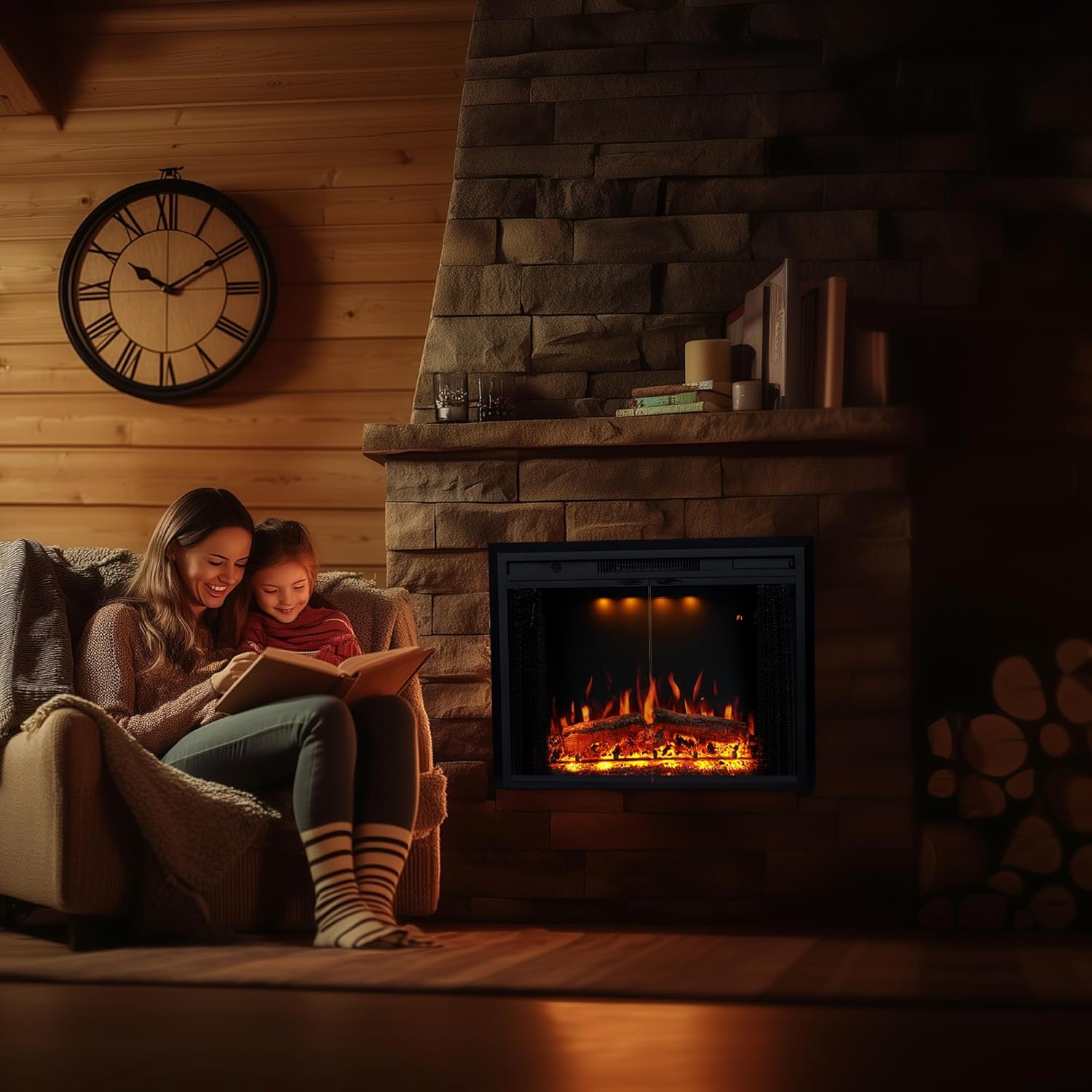 Valuxhome 43” W Electric Fireplace Heater with Crackling Sound, 1-9H Timer, Remote Control, Glass Door and Movable Mesh Screen, 3 Color Settings