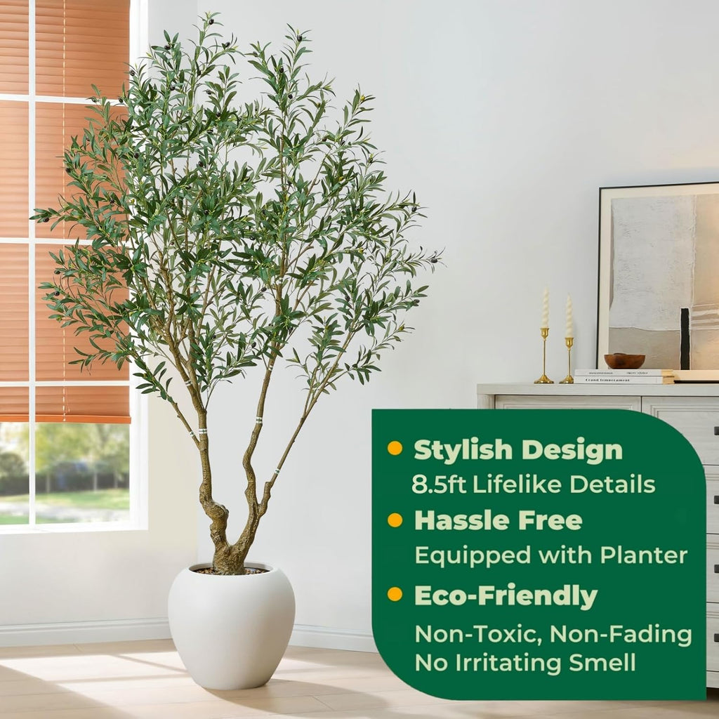 8.5FT Large Luxury Artificial Olive Tree, Extra Lush with White Planter, Stereoscopic Shape & 5 Minutes Easy Set-up, Tall Potted Olive with Thick Trunk and Lifelike Fruits for Home, Office, Restaurant