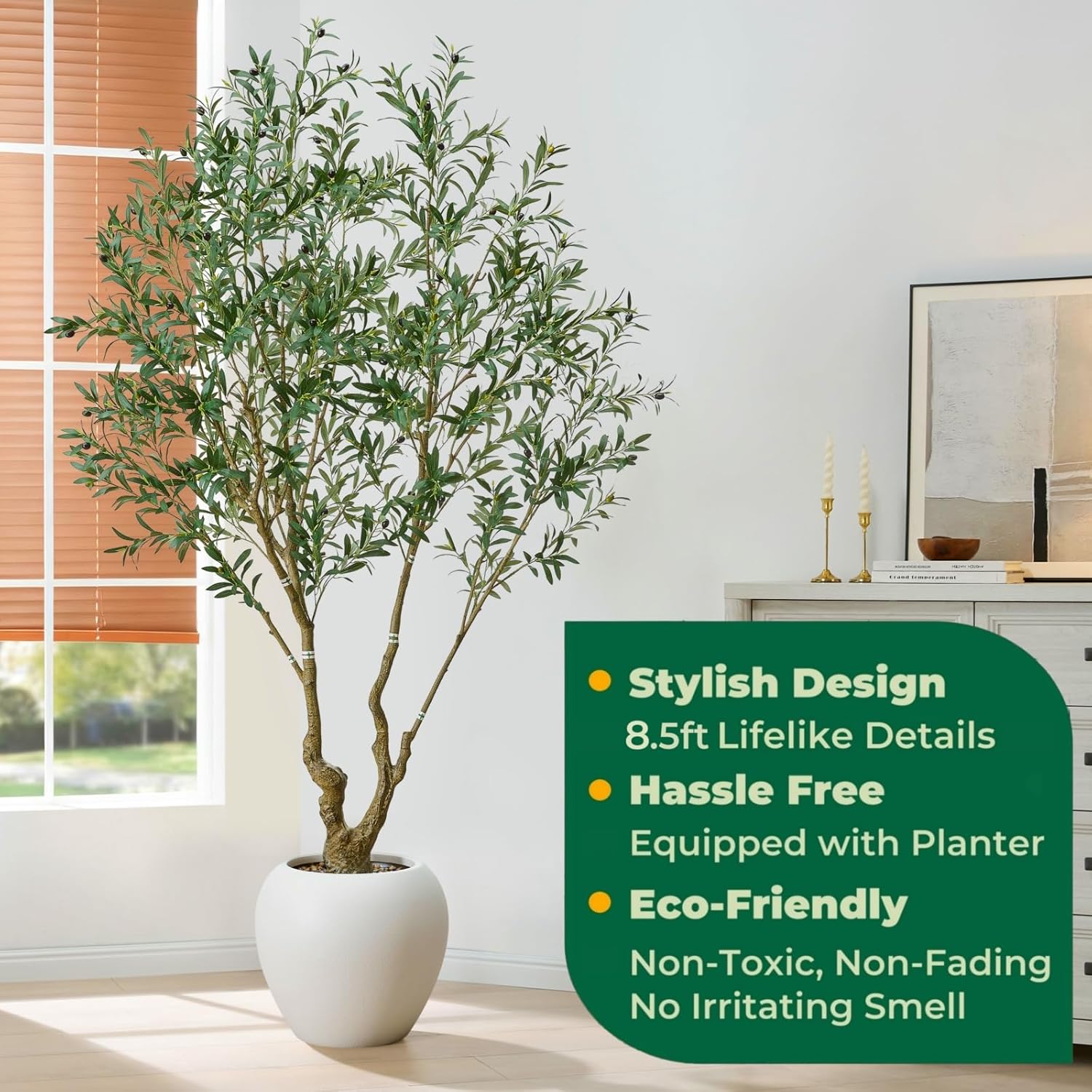 8.5FT Large Luxury Artificial Olive Tree, Extra Lush with White Planter, Stereoscopic Shape & 5 Minutes Easy Set-up, Tall Potted Olive with Thick Trunk and Lifelike Fruits for Home, Office, Restaurant