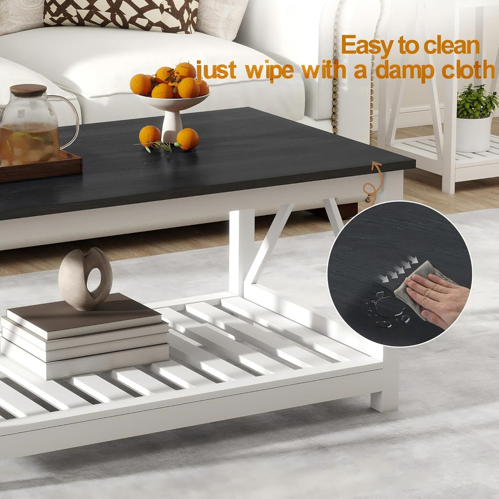 Farmhouse Coffee Table, Black and White Coffee Table for Living Room, 2-Tier Rectangular Wooden Centre Cocktail Table with Slats Shelf Storage and V-Shaped Frame Modern Coffee Tables Oak Black