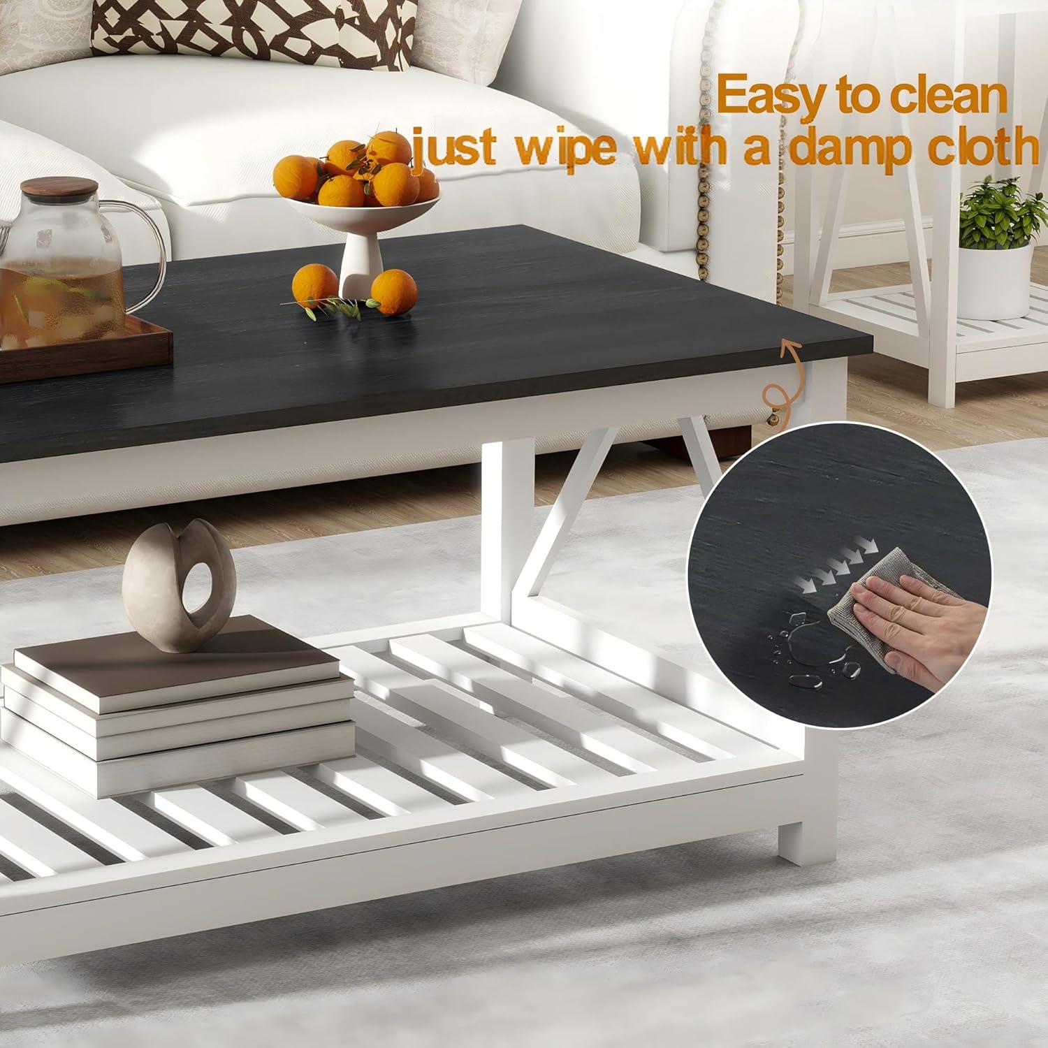 Farmhouse Coffee Table, Black and White Coffee Table for Living Room, 2-Tier Rectangular Wooden Centre Cocktail Table with Slats Shelf Storage and V-Shaped Frame Modern Coffee Tables Oak Black