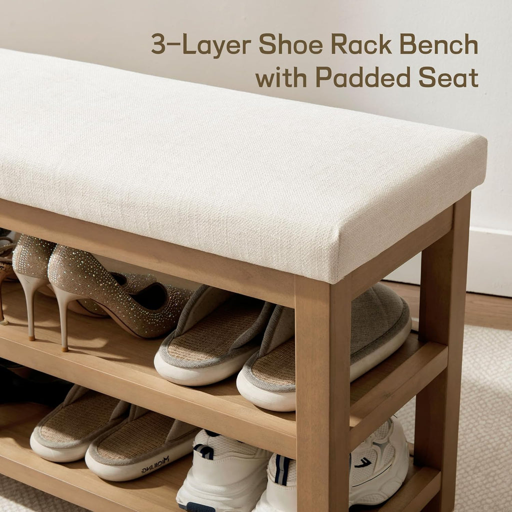 2 Tier Shoe Rack Bench with Cushion, Solid Wood Shoe Benches, Mid-Century Modern Shoe Storage Bench for Entryway, Hallway, Living Room, Closet, Front Door Entrance, (Beige, 39.4")