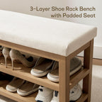 2 Tier Shoe Rack Bench with Cushion, Solid Wood Shoe Benches, Mid-Century Modern Shoe Storage Bench for Entryway, Hallway, Living Room, Closet, Front Door Entrance, (Beige, 39.4")