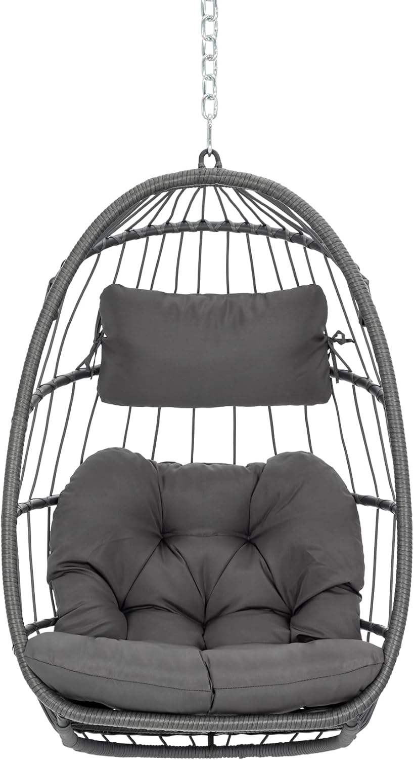 Yechen Hanging Egg Chair Outdoor Without Stand Indoor, Aluminum Foldable Swing Egg Chairs - Wicker Rattan Hammock Egg Porch Swing with UV Resistant Cushions for Bedroom Patio Balcony