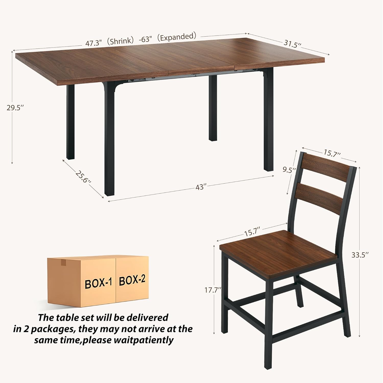 7-Piece Dining Table Set for 4-6, 63" Large Extendable Kitchen Table Set with 6 Chairs, Curved Backrest, Dining Room Table with Solid Metal Frame & MDF Board, Easy Assembly, Walnut