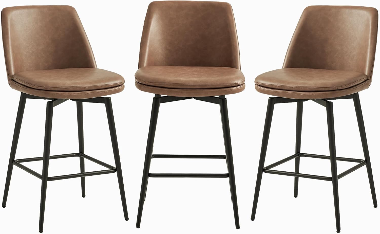 CHITA Swivel Bar Stools, 27.2" Counter Height Bar Stools Set of 3, FSC Certified Upholstered Modern Counter Stools, Metal Legs, Faux Leather, Saddle Brown