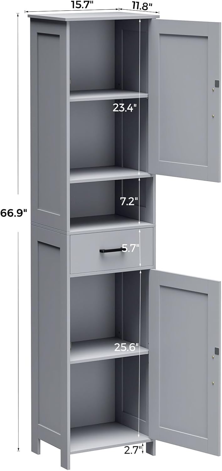 Homhedy 67" H Tall Bathroom Storage Cabinet with 2 Barn Doors and 1 Drawer, Narrow Storage Unit, Adjustable Shelves, Floor Cabinet for Bathroom, Living Room, Entryway, Kitchen, Gray, (15.7" W)