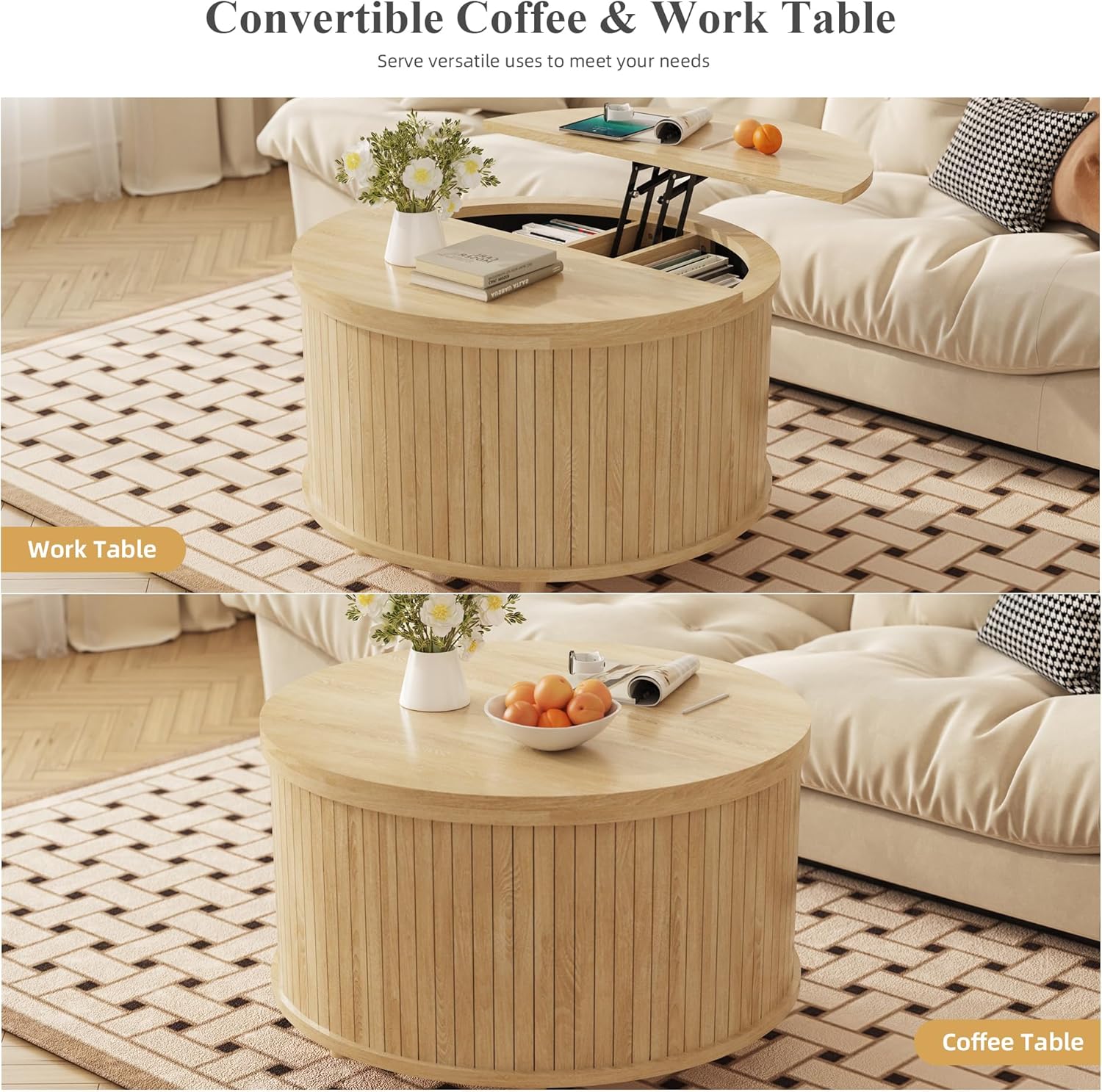 Easyego Lift Top Coffee Table for Small Spaces, 31.5" Mid-Century Modern Wooden Round Table with Storage, Circle Fluted Center Table for Living Room, Work from Home & Apartment, Natural