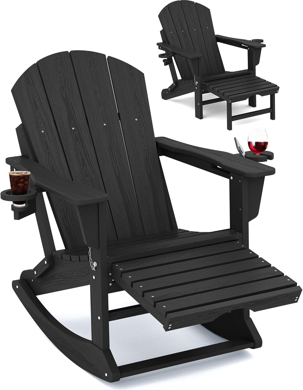KINGYES Adirondack Rocking Chair with Retractable Ottoman and Cup Holders, HDPE Adirondack Rocker Patio Rocking Chair for Porch, Patio, Balcony, Black