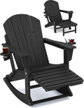 KINGYES Adirondack Rocking Chair with Retractable Ottoman and Cup Holders, HDPE Adirondack Rocker Patio Rocking Chair for Porch, Patio, Balcony, Black