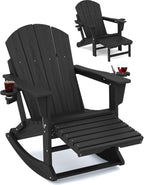 KINGYES Adirondack Rocking Chair with Retractable Ottoman and Cup Holders, HDPE Adirondack Rocker Patio Rocking Chair for Porch, Patio, Balcony, Black